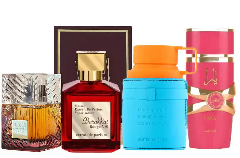 Parfümset mit 4 Parfüms | Khamrah Dukhan, Yara Candy, Rouge 540, Mandarina Sky