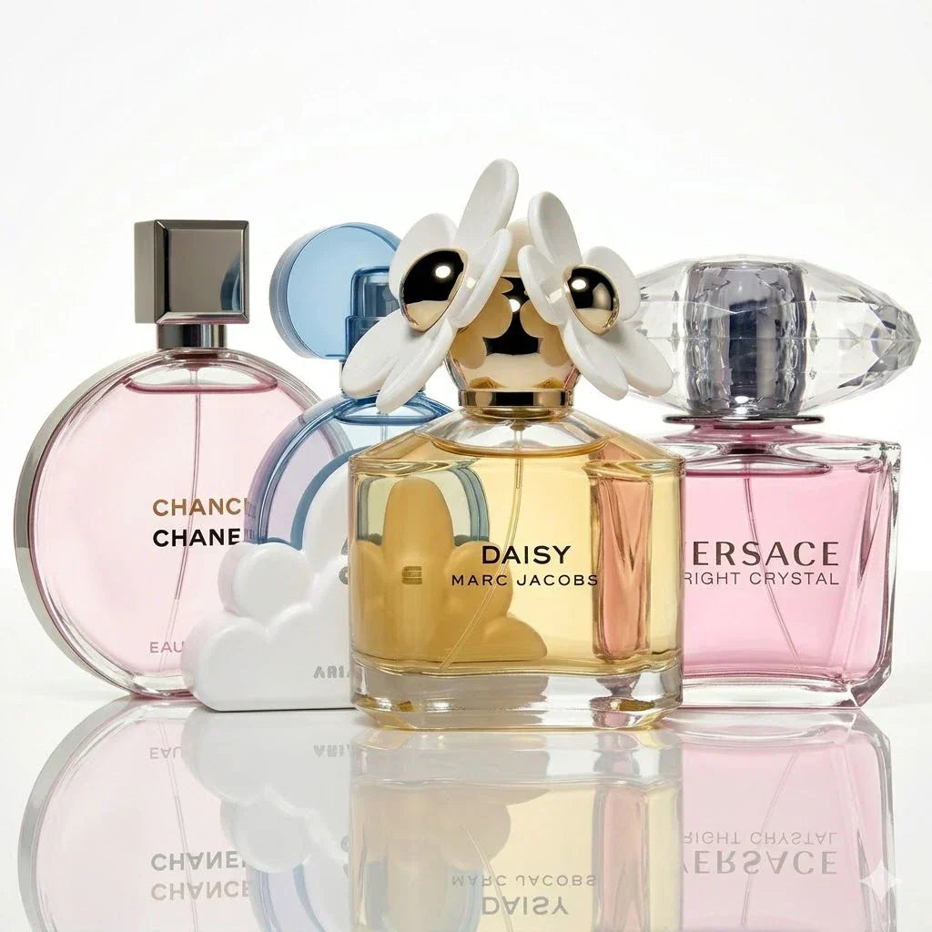 Parfümset mit 4 Parfüms | Chanel Chance Eau Tendre, Ariana Grande Cloud, Marc Jacobs Daisy, Versace Bright Crystal.